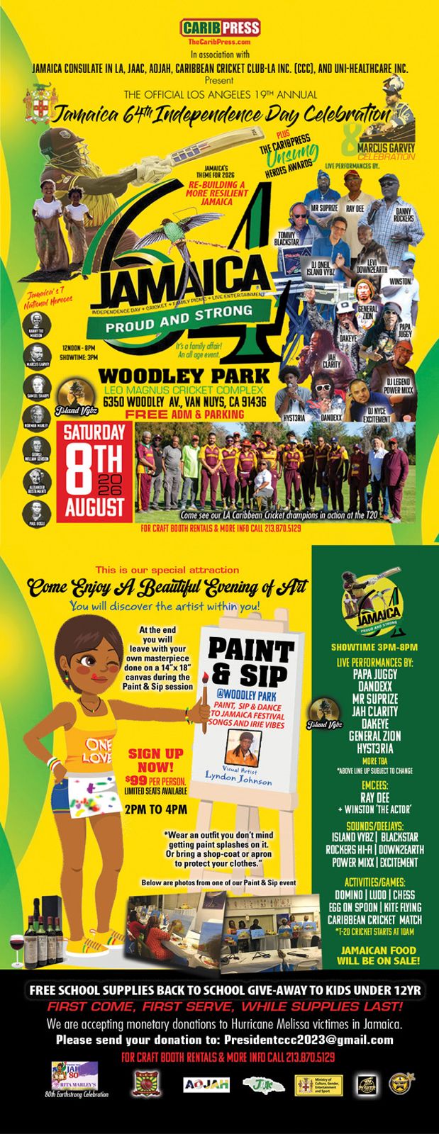 Jamaica 64th Independence Day Celebration — Saturday, August 8, 2026 at Woodley Park, Leo Magnus Cricket Complex, Van Nuys. Presented by The Carib Press. Free admission and parking.